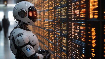 A humanoid robot stands in front of a wall of data, its red eyes scanning the information.