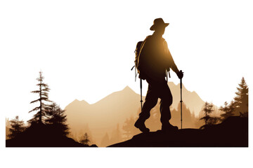 Naklejka premium Hiker silhouette against mountain sunset