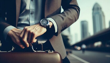 Businessman holding a bag. Businessman wearing a watch.