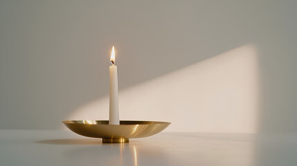 Candle is lit in a gold bowl on a white table