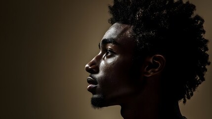 Profile of a young Black male with natural hair, illuminated by soft lighting.