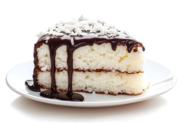 Delicious Slice of Coconut Cake with Chocolate Sauce isolated on white
