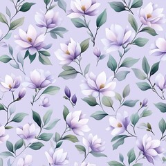A delicate floral pattern featuring lavender magnolia blooms and lush green leaves on a soft lavender background.