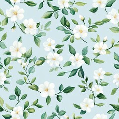 A serene floral pattern featuring white flowers and green leaves set against a light blue background, perfect for decor and design applications.