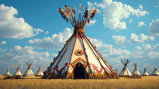 Symmetrical native american lodge pole structure on sac fox reservation pow wow grounds in padonia, kansas. Native American Powwow. Illustration