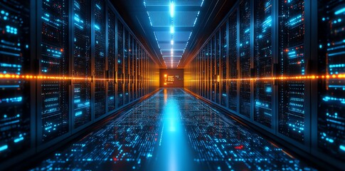 A long hallway with rows of servers glowing with blue and orange lights.