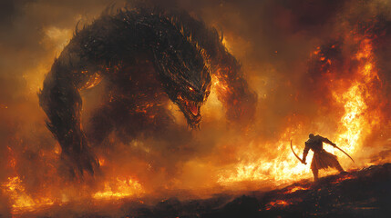 Myth of beowulf battling grendel ancient anglosaxon epic dark and fearsome creature mead hall in flames heroic struggle medieval legend. Medieval Battle. Illustration