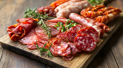 A rustic board with various cured meats like salami, pepperoni and ham with fresh herbs like rosemary