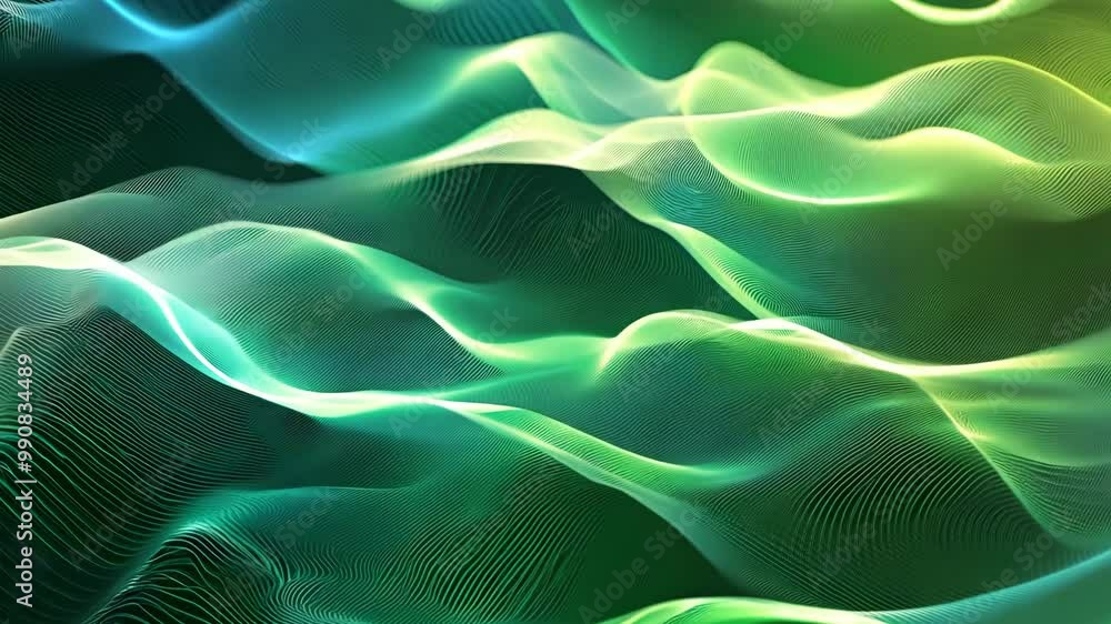 Poster abstract green waves create a dynamic visual flow, evoking a sense of tranquility and motion in a di