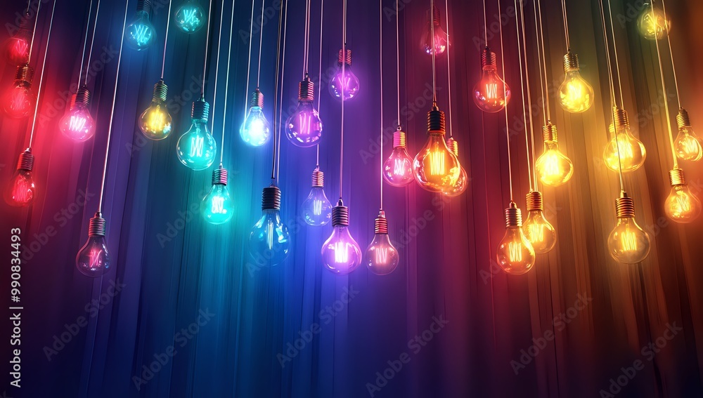 Poster a colorful array of light bulbs hanging against a dark background, creating a vibrant and abstract s