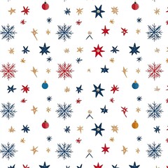 A festive pattern featuring colorful stars and snowflakes on a white background, perfect for holiday-themed designs.