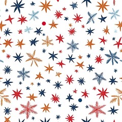 A vibrant, repeating pattern of stars in red, navy, and gold against a white background, creating a festive and playful design.
