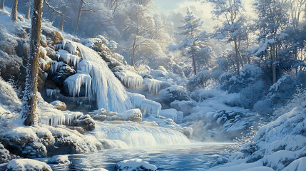 Frozen waterfall surrounded by icicles and snow-covered rocks, set against a backdrop of winter trees