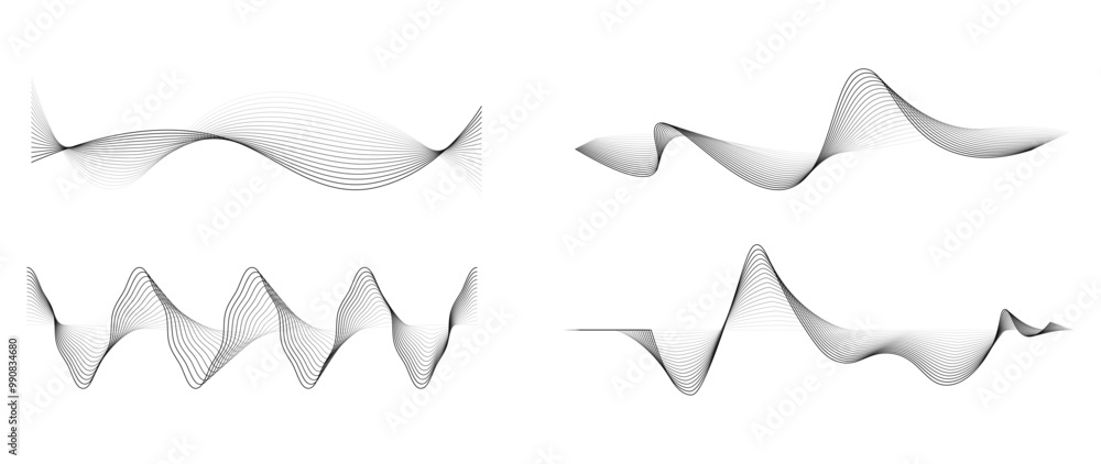 Poster Abstract black and grey flowing gradient lines vibration wave set isolated on transparent background. Equalizer sound audio waveform, wavy line pattern in concept of technology, machine learning, A.I.