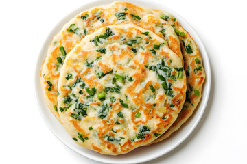 Homemade Chinese green onion pancakes top view isolated on white background
