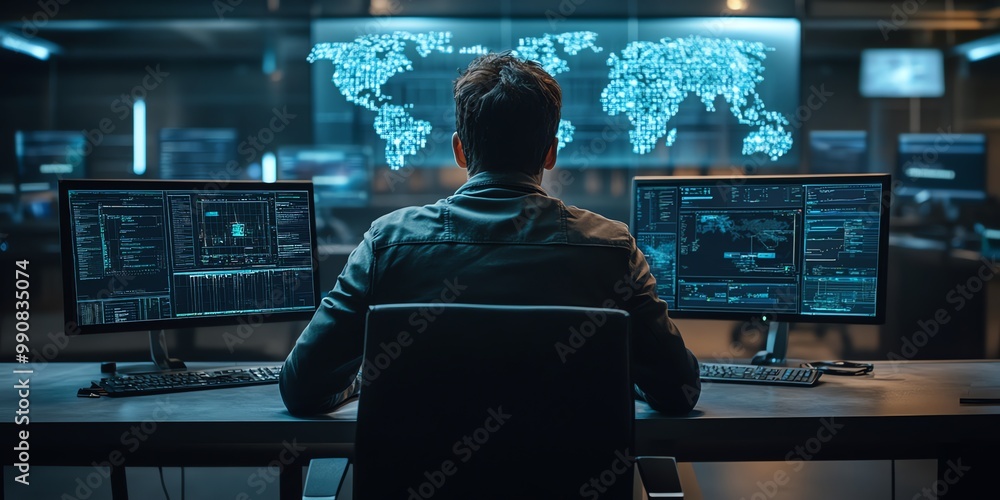 Poster a man sits in front of a computer with a glowing digital world map on the screen behind him.