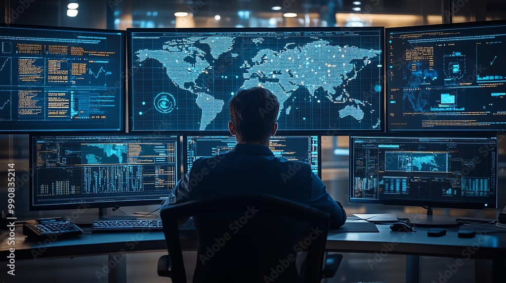 Poster a man sits in front of multiple computer monitors displaying data and a world map, in a dark room wi