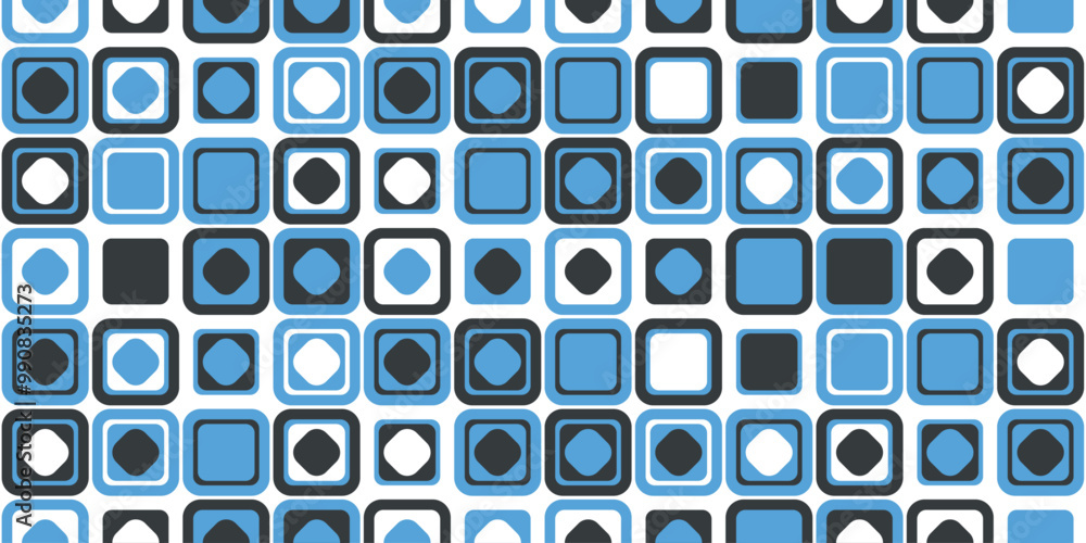 Fototapete Tiles made from simple and stylish patches. Geometric pattern of squares and diamonds inside. Blue and white colors.