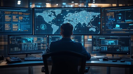 A man sits in front of multiple computer monitors displaying data and a world map, in a dark room with blue lighting.