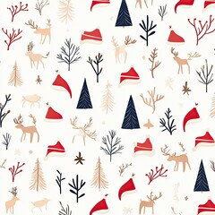 A festive holiday pattern featuring reindeer, trees, and Santa hats in red, navy, and beige tones on a light background.