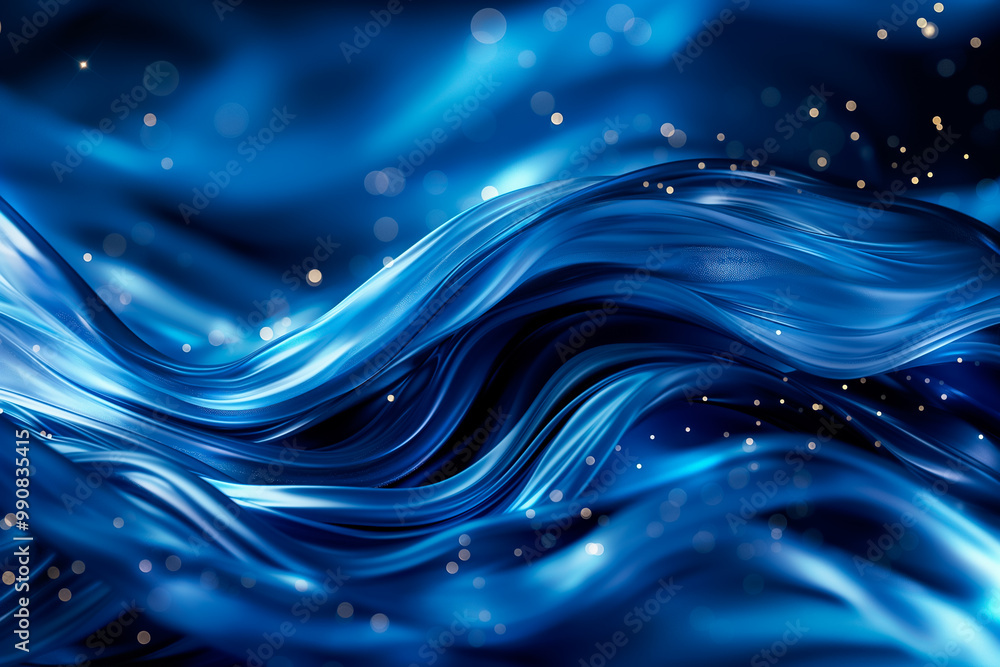 Poster the dynamic motion of dark and light blue waves intertwines, creating a fluid and mesmerizing patter
