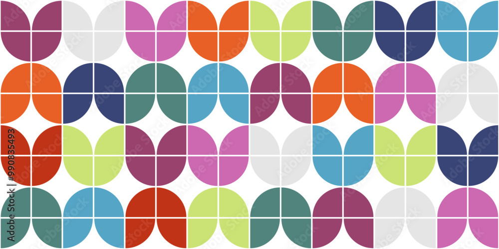 Poster Colored geometric petals. Tile with rounded edges, repeating geometric pattern.