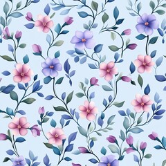A delicate floral pattern featuring colorful flowers and green leaves on a soft blue background, perfect for textiles or wallpaper.