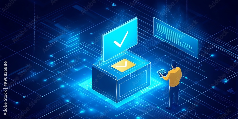 Poster a man stands in a blue tech background with glowing lines and a checkmark.