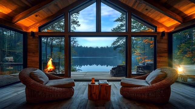 Luxury cabin with panoramic window view of serene forest lake at dusk. Seamless looping 4k time-lapse animation video background