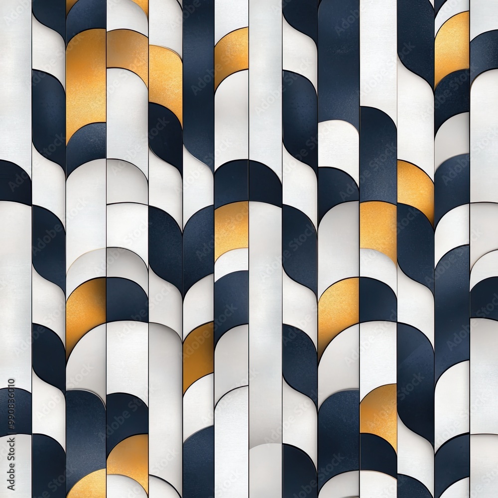 Aufkleber a vibrant abstract pattern featuring overlapping curves in navy, gold, and white, creating a dynamic