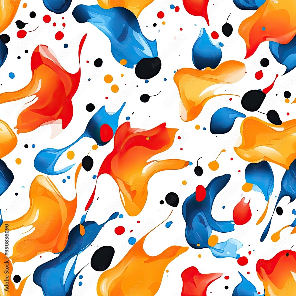 Poster a vibrant abstract pattern featuring splashes of red, blue, orange, and black against a white backgr