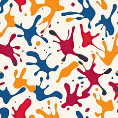 A vibrant pattern of colorful splashes in red, blue, orange, and black against a light background, creating a playful and energetic visual effect.