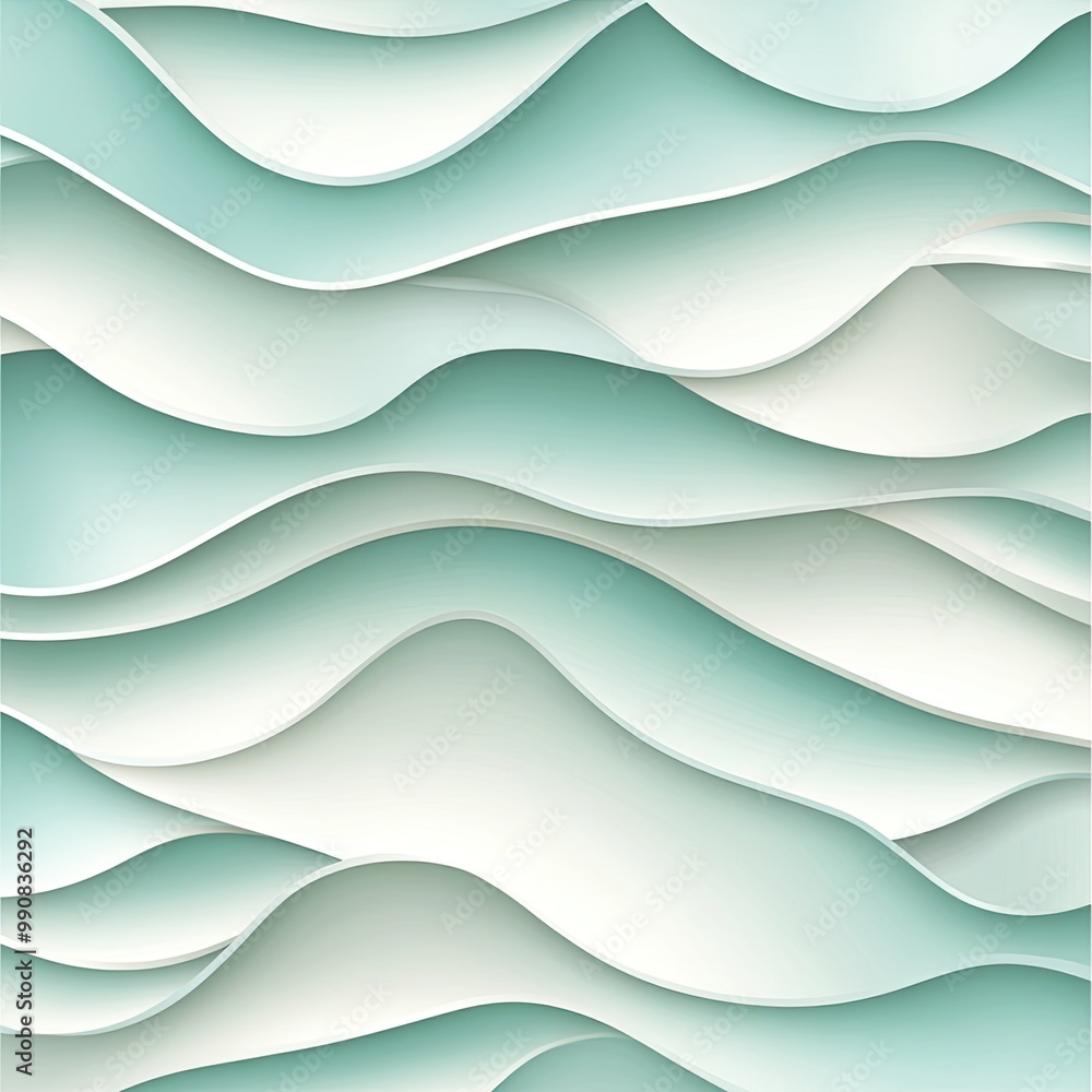 Poster a soothing abstract pattern of layered waves, featuring soft curves and a gradient of pale blue and 