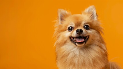 Obraz premium Playful Happy Pomeranian Dog Posing Against a Bright Solid Orange Background, Perfect for Vibrant Pet Photography, Cheerful Animal Portraits, and Colorful Design Projects.