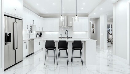 Modern kitchen island with white cabinets, a marble countertop, and three black bar stools.