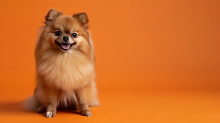 Playful Happy Pomeranian Dog Posing Against a Bright Solid Orange Background, Perfect for Vibrant Pet Photography, Cheerful Animal Portraits, and Colorful Design Projects.