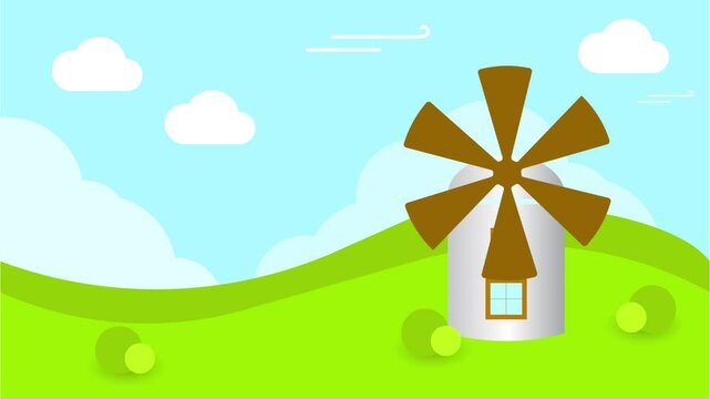 Cartoon vector landscape with a windmill and cloudy weather