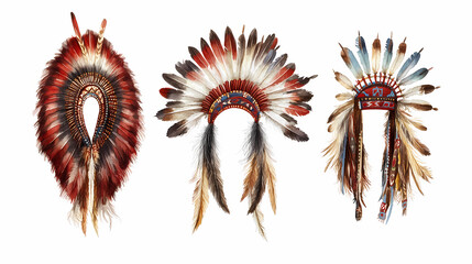 Native american cultural objects: feathers, headdresses. Native American Powwow. Illustration