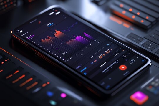 A modern smartphone with a dark mode interface displaying a graph and other data. - Powered by Adobe