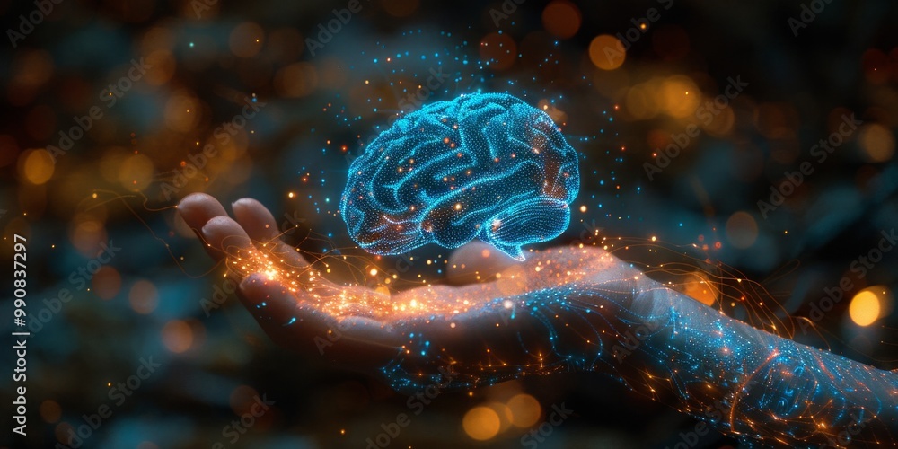 Aufkleber holographic brain floating above hand, surrounded by glowing neural connections and digital particle