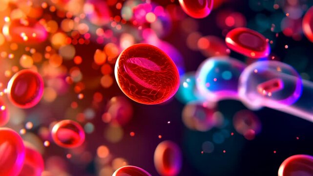 Flowing red blood cells navigating through an artery in a microscopic view