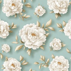A delicate floral pattern featuring white peonies on a soft mint background, accented with light green leaves.