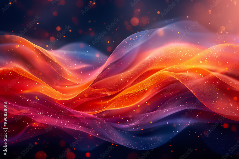 Poster dynamic waves of orange, pink, and blue colors intertwine gracefully in a dark setting, creating an 