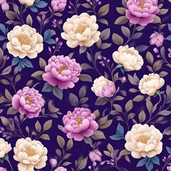 A vibrant floral pattern featuring pink and white peonies on a dark background, showcasing botanical elegance and sophistication.