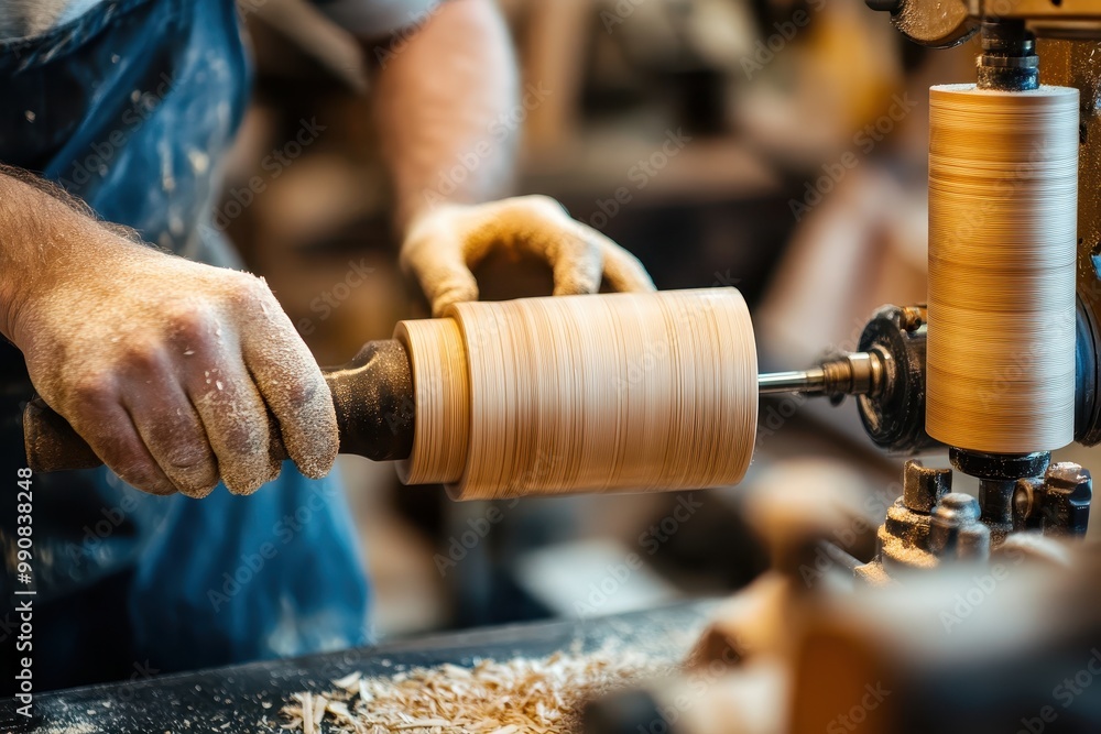 Poster a craftsman shaping wood on a lathe, creating a smooth cylindrical object.