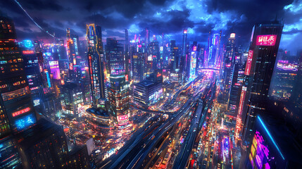 Fototapeta premium background with a anime cityscape featuring tall buildings, neon lights, and bustling streets