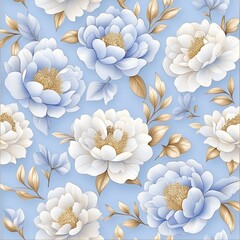 A pattern featuring soft blue and white flowers with golden leaves set against a light blue background, ideal for home decor or textiles.