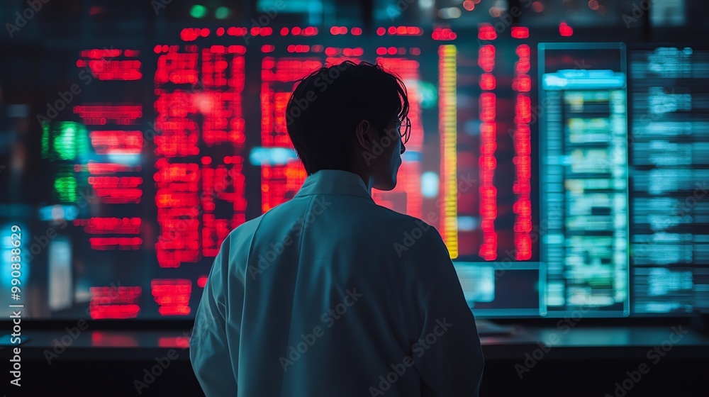 Poster a person in a white shirt stands in front of a large monitor displaying a complex pattern of red and