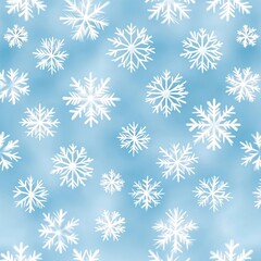 A serene winter pattern featuring delicate white snowflakes scattered across a soft blue background.