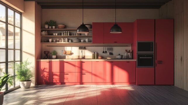 Modern kitchen with red cabinets, shelves, and natural light.